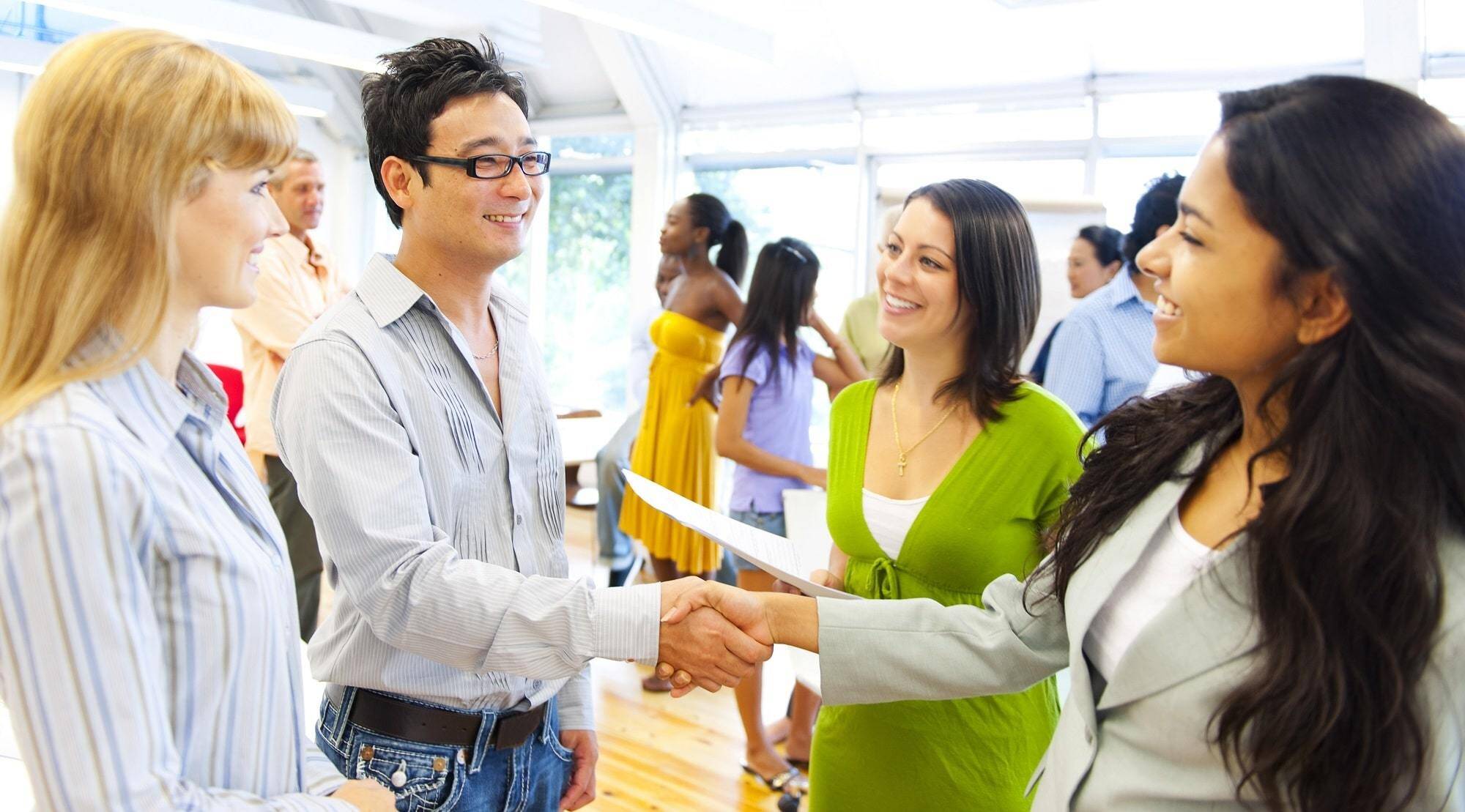 Bakery owner meeting people bakery business